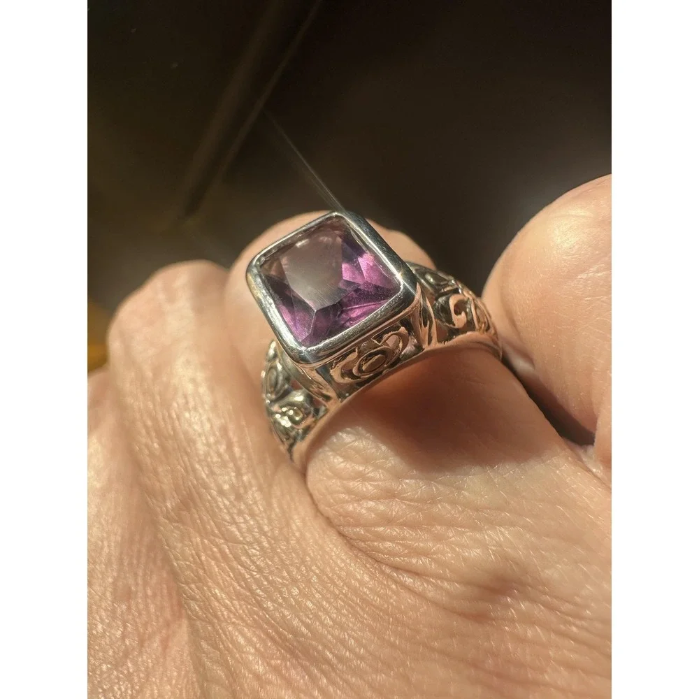 VTG 925 Sterling Silver Amethyst Ring Womens‎ Cushion Bezel Filigree Bali Style